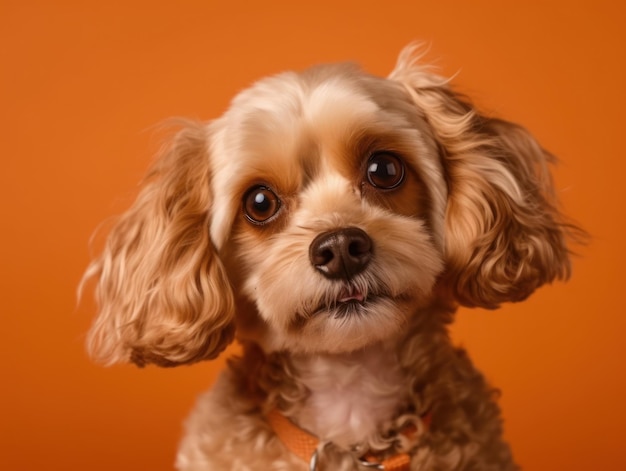 Grappige kleine hond in glazen op oranje achtergrond