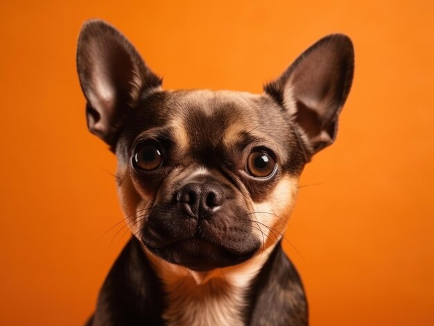 Grappige kleine hond in glazen op oranje achtergrond