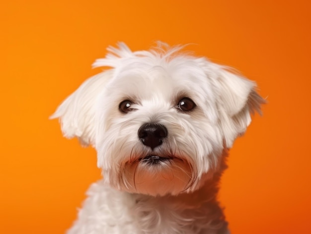 Grappige kleine hond in glazen op oranje achtergrond