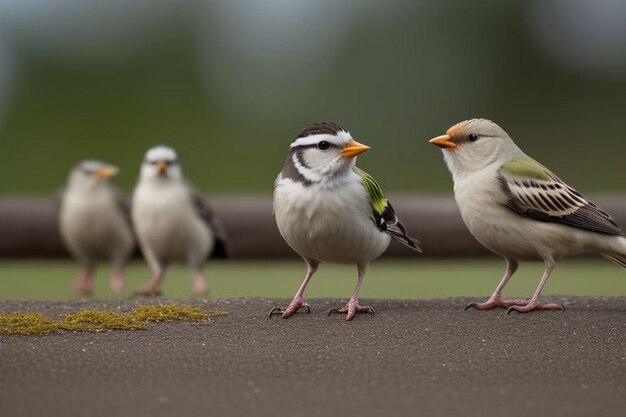 Foto grappige kleine vogels zitten op een tak in een lente sunny park en chirp