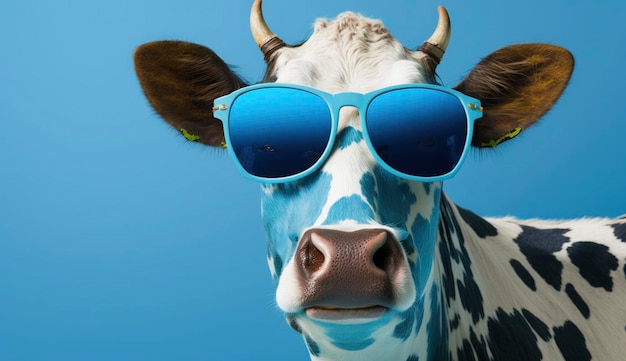 Grappige koe met zonnebril voor blauwe studioachtergrond Generatieve AI