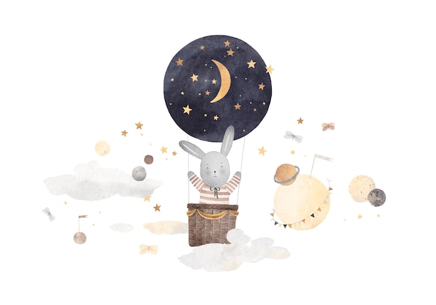 Grappige konijn vliegt op een ballon tussen wolken sterren en planeten Waterverf met de hand getekende illustratie