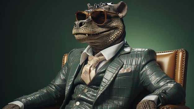 Grappige krokodil in een pak hoed en bril op een donkere achtergrond AI generatieve