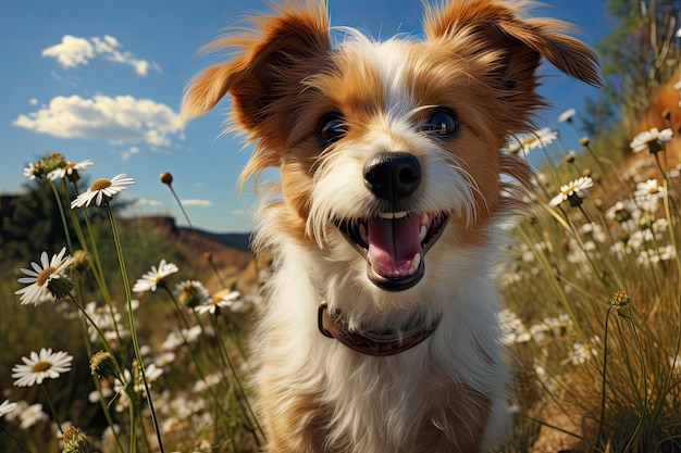 Grappige lachende hond die op groen gras loopt.