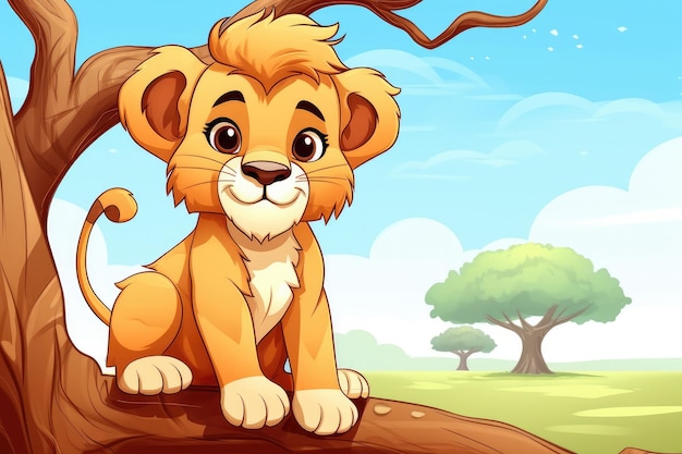 Grappige leeuw in de wilde natuur Getrokken cartoon dierlijke illustratie Generatieve ai