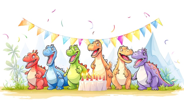 Grappige leuke dinosaurus viert zijn verjaardag met verjaardagstaart en ballonnen op witte achtergrond