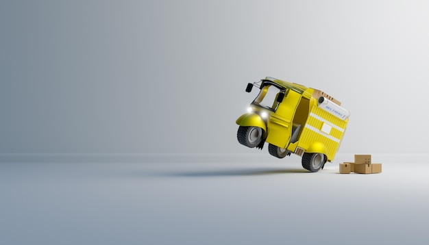Grappige levering auto op witte achtergrond, 3d-illustraties rendering