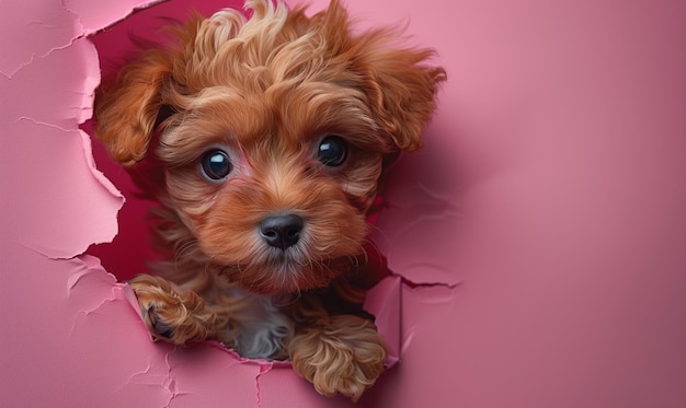 Grappige maltipoo puppy die een gat slaat met zijn hoofd in roze papier in een studio met kopieerruimte