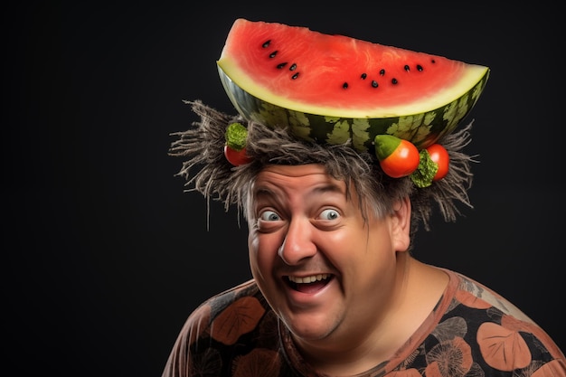 Foto grappige man met een stukje watermeloen op zijn hoofd generatieve ai