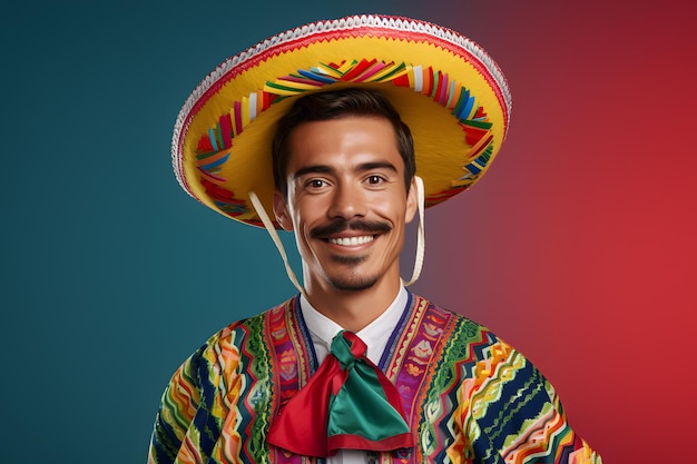 Grappige Mexicaanse man in kleurrijke mannelijke Mexicaanse klederdracht Poncho met Sombrero Charro-uniform