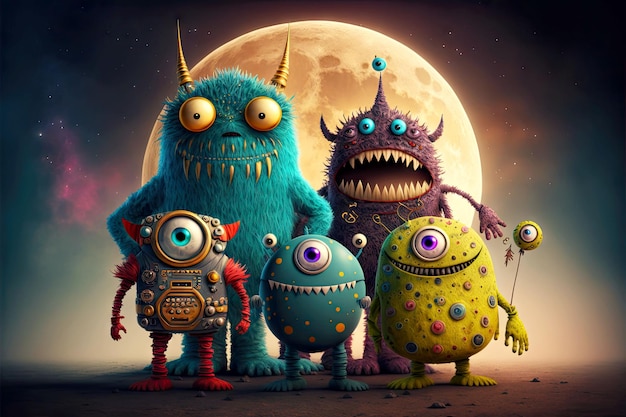 Grappige monsters in kostuum op maan achtergrond generatieve ai