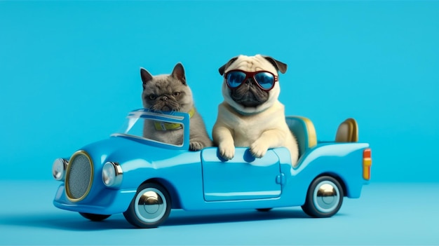Grappige mopshond met zonnebril in speelgoedauto bij het genieten
