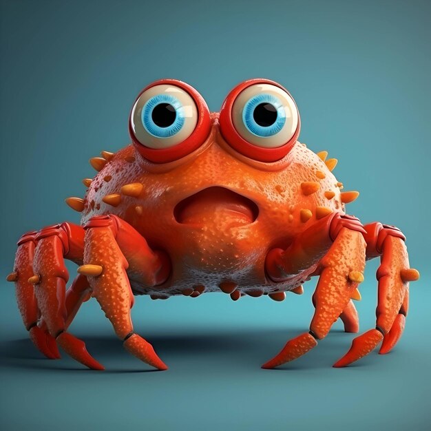 Grappige oranje krab met grote ogen op een blauwe achtergrond 3D-illustratie