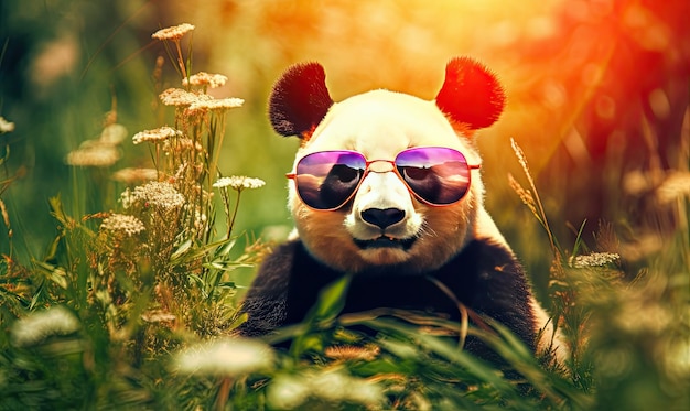 Foto grappige pandabeer met zonnebril in de natuur de lente komt eraan generatieve ai