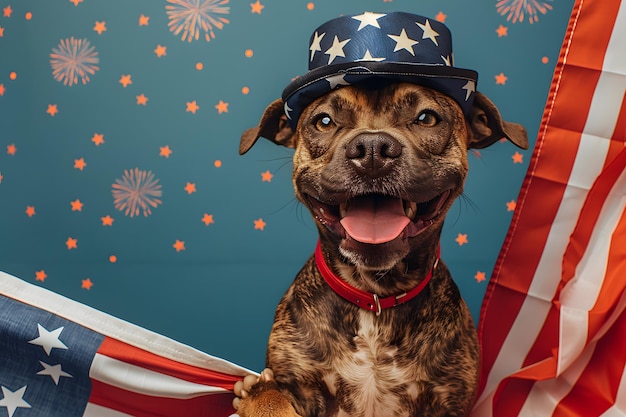 Foto grappige patriottische hond in hoed met amerikaanse vlag en vuurwerk op de achtergrond 4 juli onafhankelijkheidsdagviering