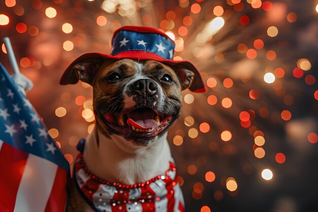 Foto grappige patriottische hond in hoed met amerikaanse vlag en vuurwerk op de achtergrond 4 juli onafhankelijkheidsdagviering