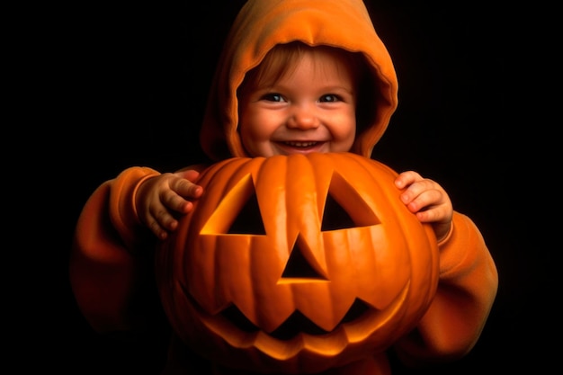 Grappige peuter tijdens All Hallows Eve fotosessie met Halloween-pompoen Jack O Lantern Lachend kind poseren in studio op Halloween gegenereerde AI