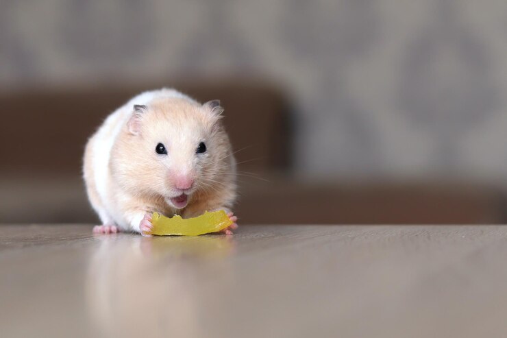 Grappige pluizige hamster eet papaja op een houten oppervlak huisdier