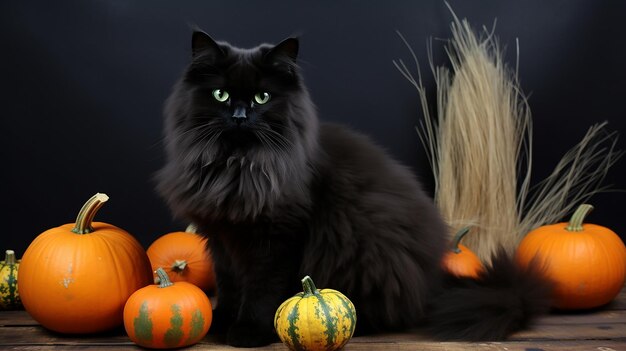 Foto grappige pluizige zwarte kat met halloween pompoenen