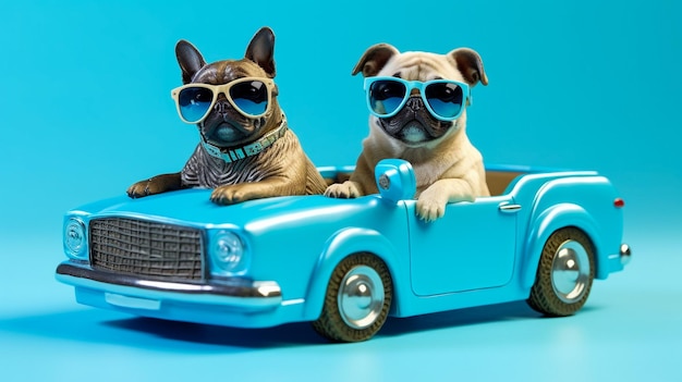 Grappige pug hond en kat met zonnebril in speelgoedauto op lichtblauwe achtergrond