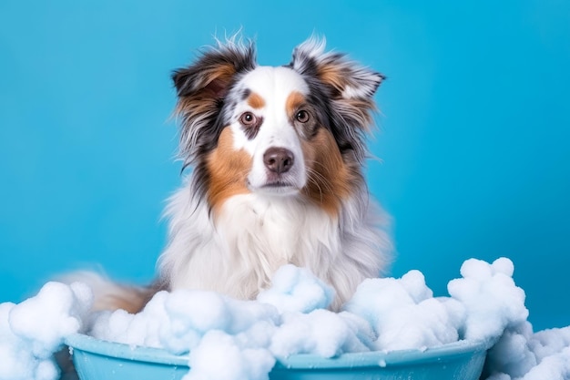 Grappige puppy zit in bad en wacht op verzorging banner voor huisdierenwinkel verzorgingssalon generatieve ai