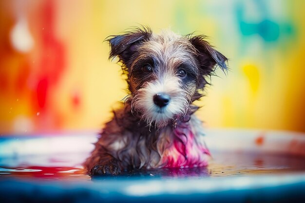 Grappige puppy zit in bad en wacht op verzorging Banner voor huisdierenwinkel verzorgingssalon Generatieve AI