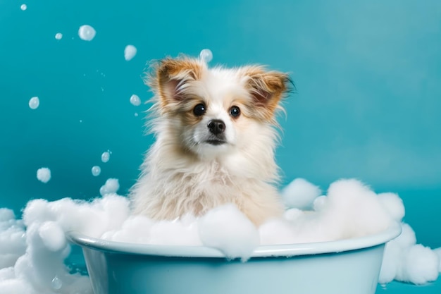 Grappige puppy zit in bad en wacht op verzorging Banner voor huisdierenwinkel verzorgingssalon Generatieve AI