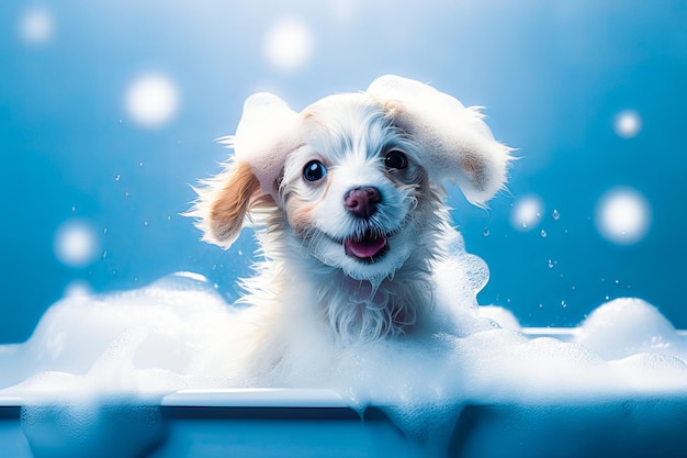 Grappige puppy zittend in badkuip wachtend op verzorgingsbanner voor dierenwinkel verzorgingssalon generatieve ai