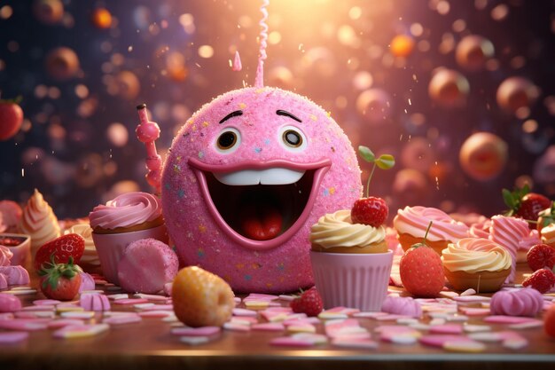 Foto grappige roze cupcake met ogen mond en tong omringd door snoep en kersenbloesems