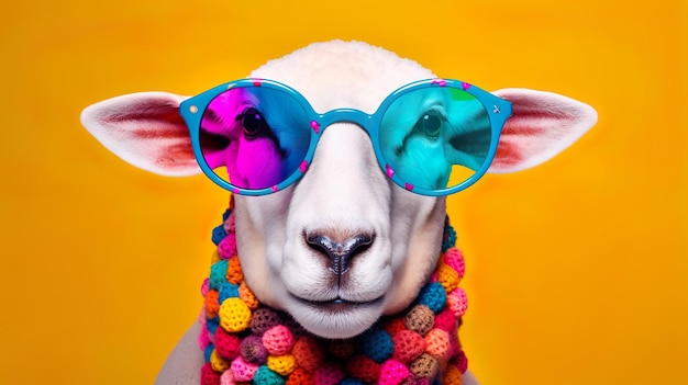 Grappige schapen met een zonnebril op een gele pastelkleurige achtergrond Generatieve AI