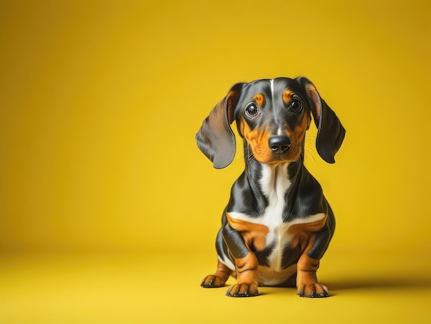 Grappige schattige teckel hond zit op zachte gele achtergrond ai generatief