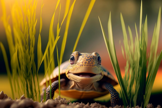 Grappige schildpad die bij het meer positiv Generatieve AI glimlacht