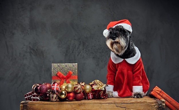 Foto grappige schnauzer hond gekleed in kerst jurk op een houten kist met kerst slinger ballen over grijze achtergrond.