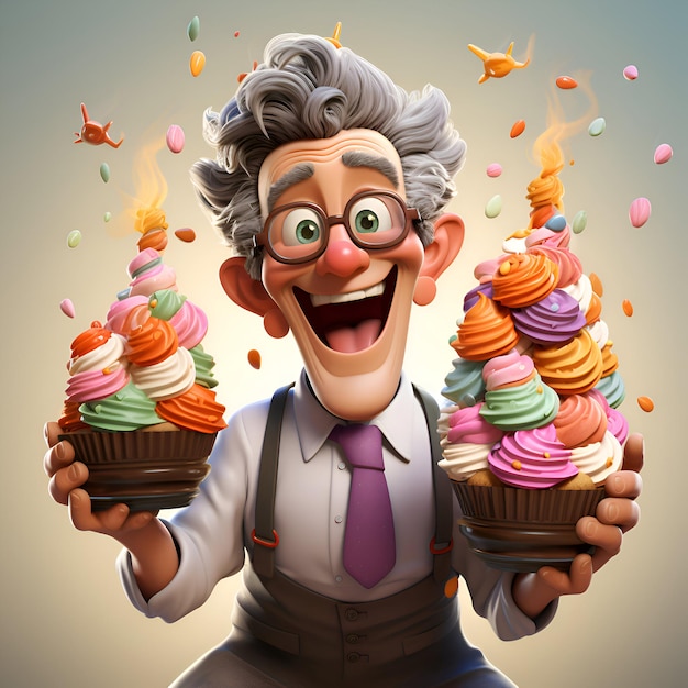 Grappige senior man met kleurrijke cupcakes 3D illustratie