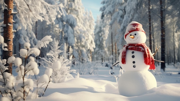 Grappige sneeuwman in het besneeuwde bos Generatieve AI