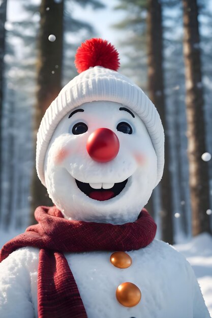 Foto grappige sneeuwman in rode kerstmanhoed en sjaal in het winterwoud.
