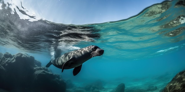 Grappige snuit van een zeehond die onder water in het water van de oceaan zwemt Bekijk generatieve AI