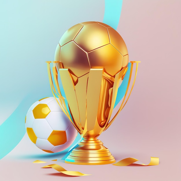 Grappige ultra zachte voetbal met gouden beker geïsoleerd op roze achtergrond Pastelkleuren Kleurrijke poster en banner Cartoon minimal air stijl 3D illustratie