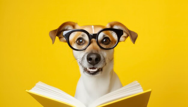 grappige verbaasde hond draagt een bril met een boek op gele achtergrond