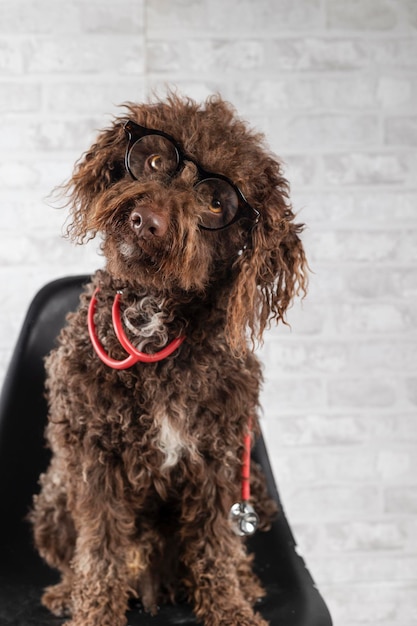 Foto grappige waterhond die op een stoel zit met een bril en stethoscoop veterinair concept