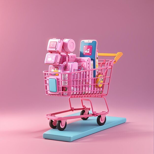 Grappige winkelwagen 3d rendering verkoop winkelen online winkel mobiele winkel e-commerce 3d roze grappige achtergrond winkel online op mobiele app 24 uur winkelwagen creditcard grappige e-commerce apparaat 3d render