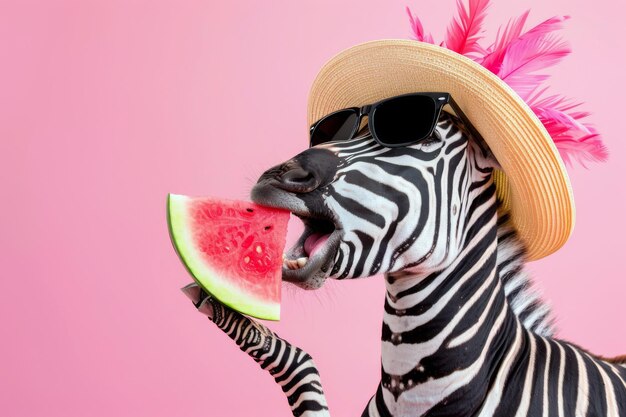 Grappige zebra in een hoed en zonnebril die watermeloen eet Creatief concept voor zomervakantie