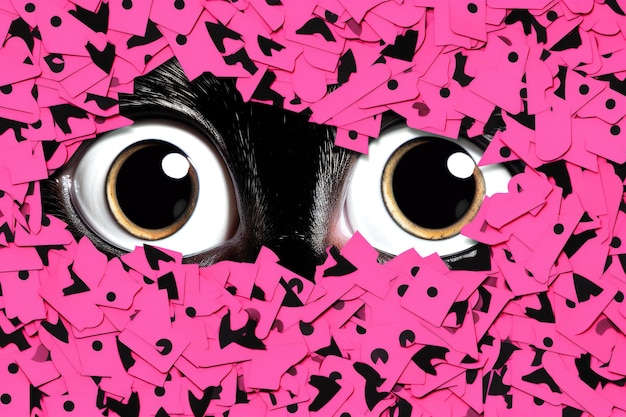 Foto grappige zwarte kat met roze ogen op een zwarte achtergrond met roze stickers