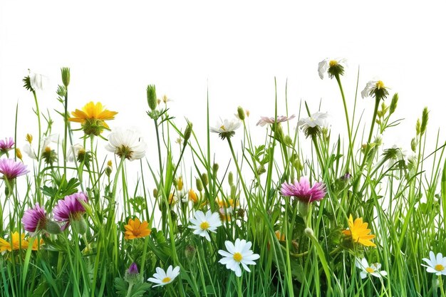 Foto gras en wilde bloemen grenzen aan een witte achtergrond generatief ai