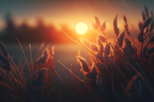 Gras gevuld met dauw op een zonsopgangochtend Neuraal netwerk AI gegenereerd