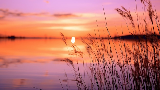 gras in het water met zonsondergang op de achtergrond