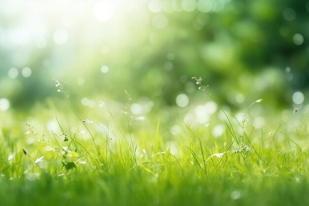 Gras in het zonlicht met het woord lente erop