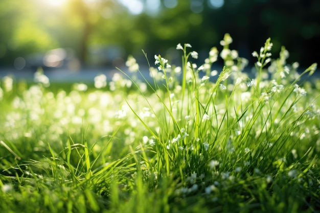 Gras met kleine wilde bloemen achtergrond stock photo Professionele fotografie