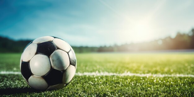 Foto gras met voetbal op voetbalveld voetbalbal op grasveld met zonsopgang op de achtergrond