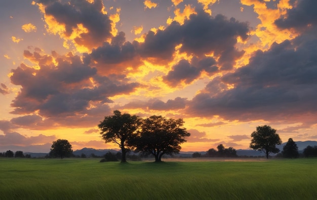 Grasachtig landschap met een boom en regenwolk met een prachtige zonsondergang